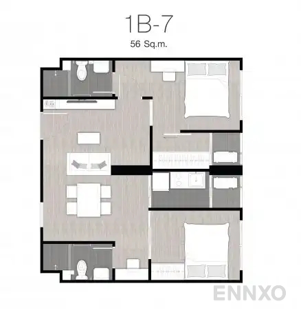 รูปแปลนห้อง Type 1B-7 : 2-Bedroom Plus ของโครงการ นิช ไอดี แอท ปากเกร็ด สเตชั่น