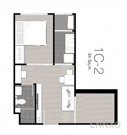 รูปแปลนห้อง Type 1C-2 : 1-Bedroom Plus ของโครงการ นิช ไอดี แอท ปากเกร็ด สเตชั่น