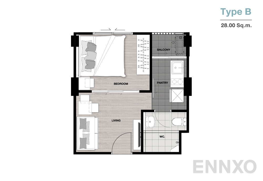 รูปแปลนห้อง Type B ของโครงการ นิช ไอดี เสรีไทย-วงแหวน
