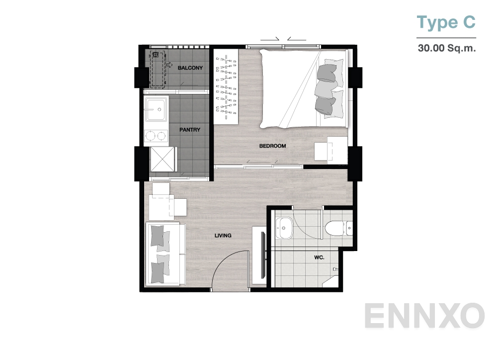 รูปแปลนห้อง Type C ของโครงการ นิช ไอดี เสรีไทย-วงแหวน