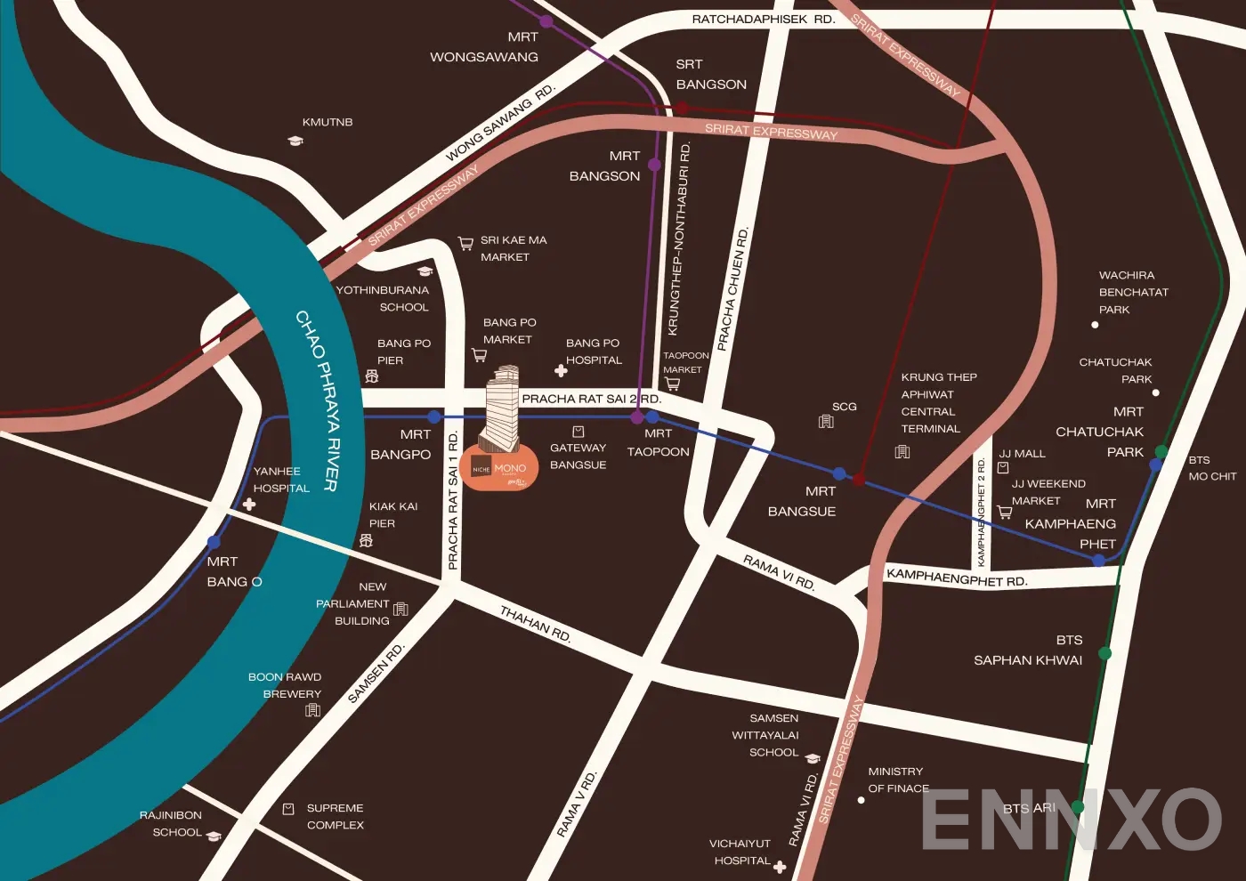 ภาพแผนที่แสดงที่ตั้งโครงการ NICHE MONO Bangpo
(นิช โมโน บางโพ) และสถานที่โดยรอบ