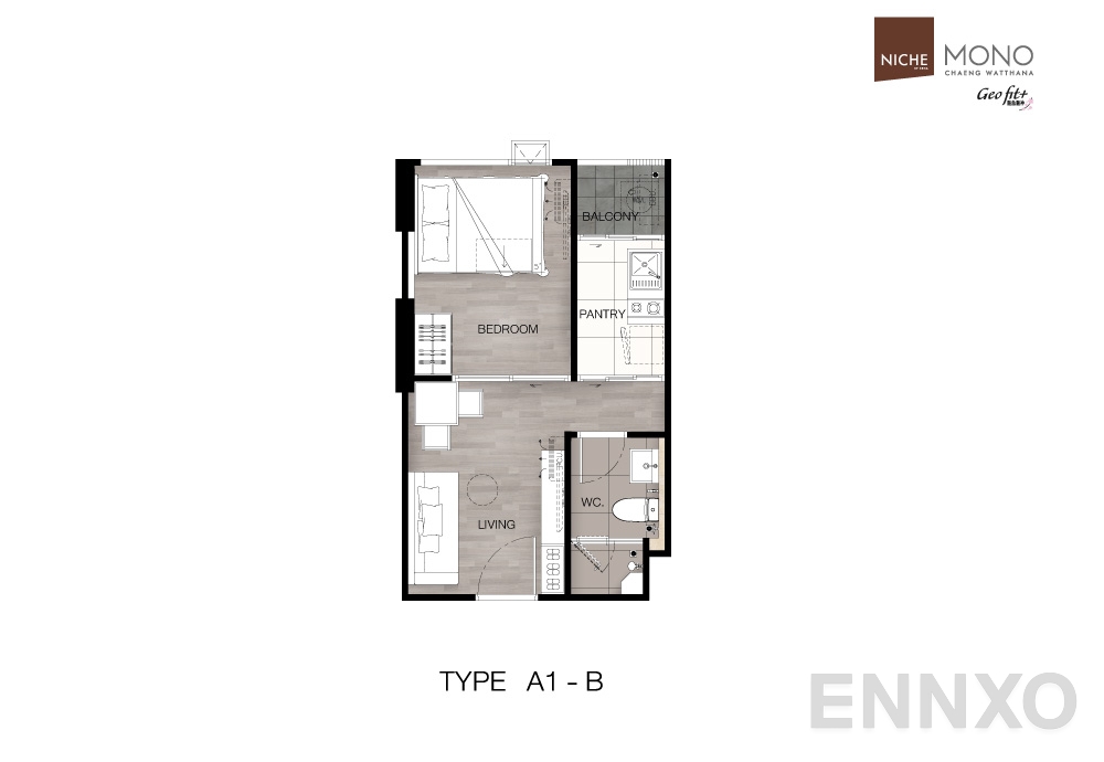รูปแปลนห้อง Type A1-B : 1-Bedroom ของโครงการ นิช โมโน แจ้งวัฒนะ