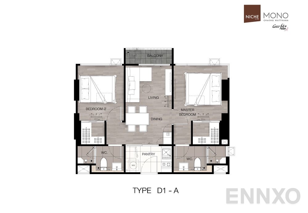 รูปแปลนห้อง Type D1-A : 2-Bedroom ของโครงการ นิช โมโน แจ้งวัฒนะ