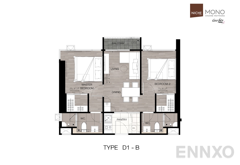 รูปแปลนห้อง Type D1-B : 2-Bedroom ของโครงการ นิช โมโน แจ้งวัฒนะ