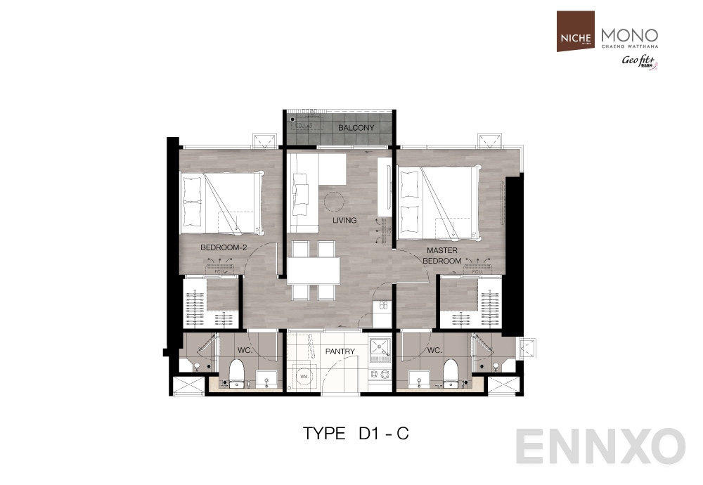 รูปแปลนห้อง Type D1-C : 2-Bedroom ของโครงการ นิช โมโน แจ้งวัฒนะ