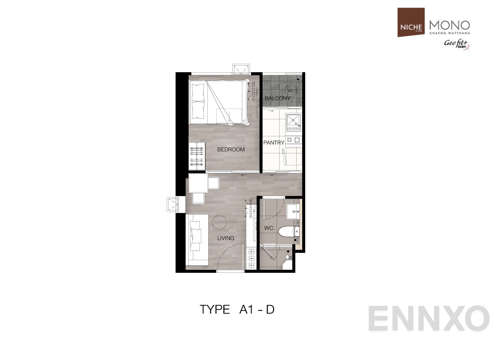 รูปแปลนห้อง Type A1-D : 1-Bedroom ของโครงการ นิช โมโน แจ้งวัฒนะ