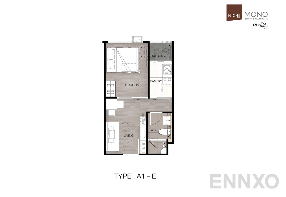 รูปแปลนห้อง Type A1-E : 1-Bedroom ของโครงการ นิช โมโน แจ้งวัฒนะ