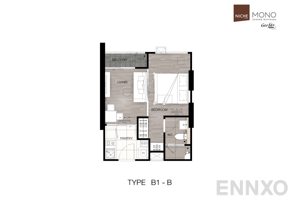 รูปแปลนห้อง Type B1-B : 1-Bedroom ของโครงการ นิช โมโน แจ้งวัฒนะ