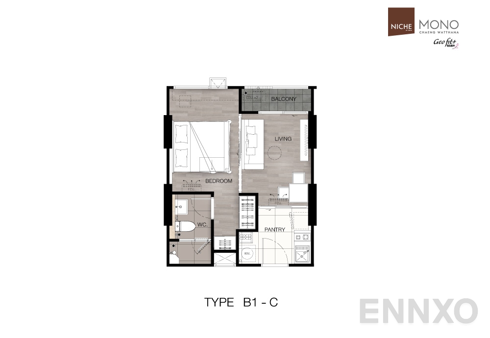 รูปแปลนห้อง Type B1-C : 1-Bedroom ของโครงการ นิช โมโน แจ้งวัฒนะ