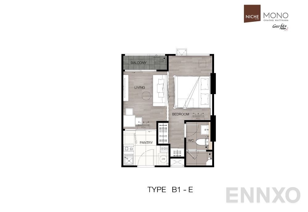 รูปแปลนห้อง Type B1-E : 1-Bedroom ของโครงการ นิช โมโน แจ้งวัฒนะ