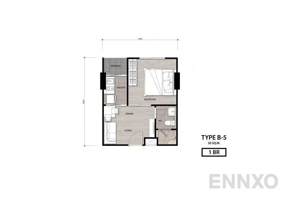 รูปแปลนห้อง Type B-5 ของโครงการ นิช โมโน เจริญนคร