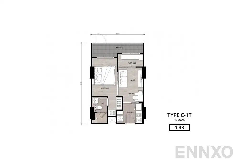 รูปแปลนห้อง Type C-1T ของโครงการ นิช โมโน เจริญนคร