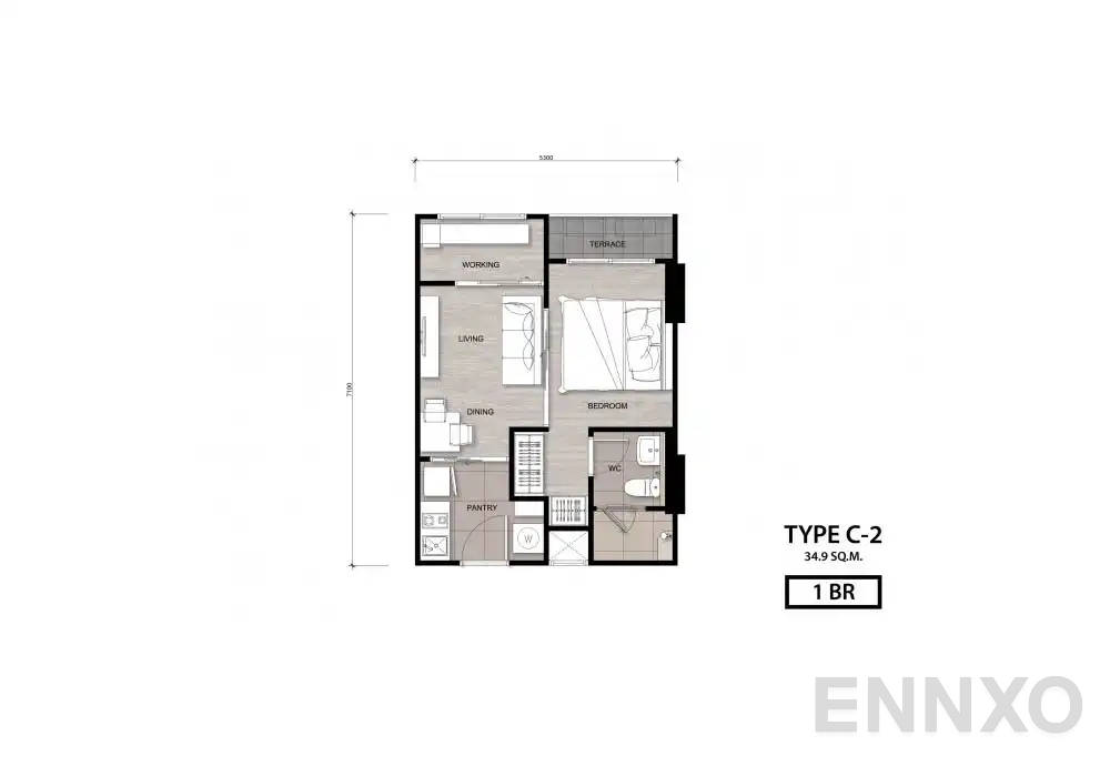 รูปแปลนห้อง Type C-2 ของโครงการ นิช โมโน เจริญนคร