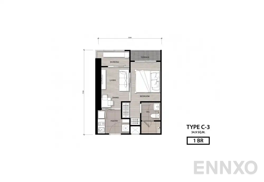รูปแปลนห้อง Type C-3 ของโครงการ นิช โมโน เจริญนคร