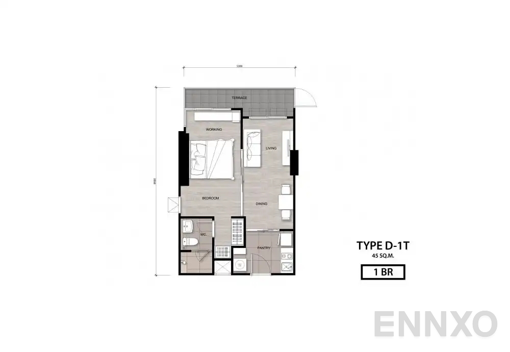 รูปแปลนห้อง Type D-1T ของโครงการ นิช โมโน เจริญนคร