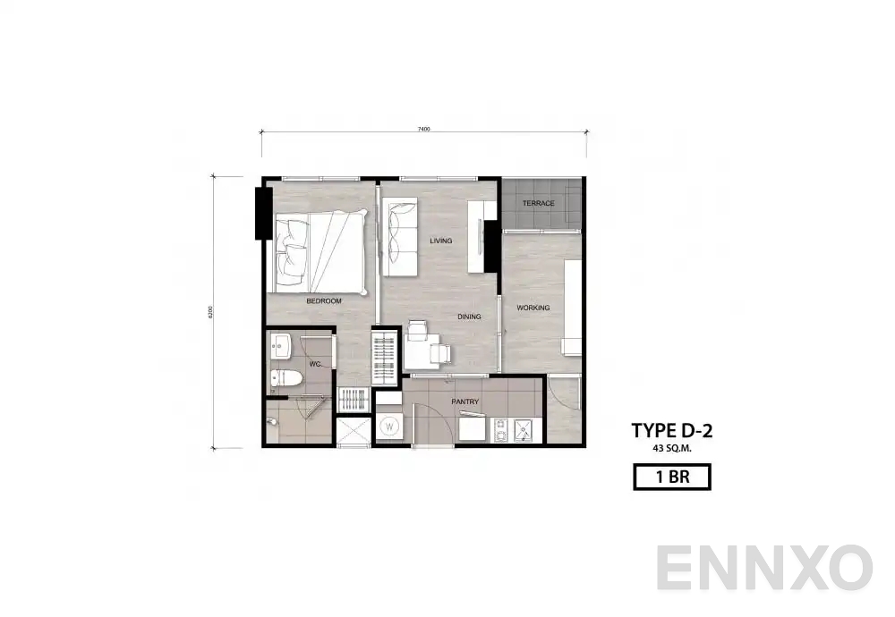 รูปแปลนห้อง Type D-2 ของโครงการ นิช โมโน เจริญนคร