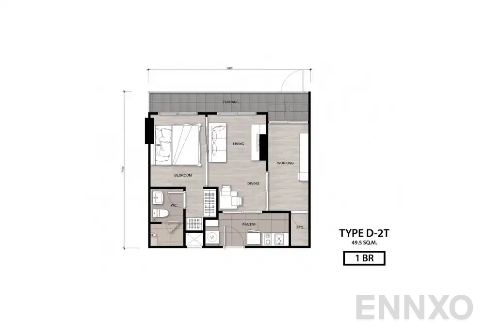 รูปแปลนห้อง Type D-2T ของโครงการ นิช โมโน เจริญนคร