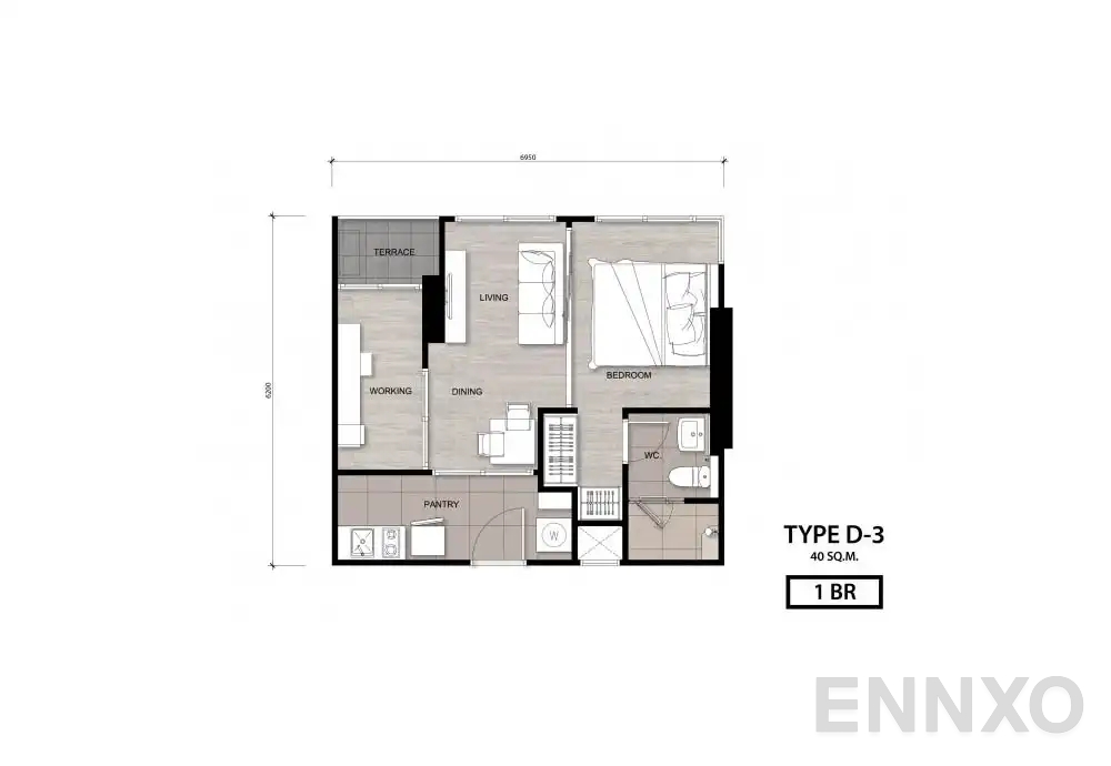 รูปแปลนห้อง Type D-3 ของโครงการ นิช โมโน เจริญนคร