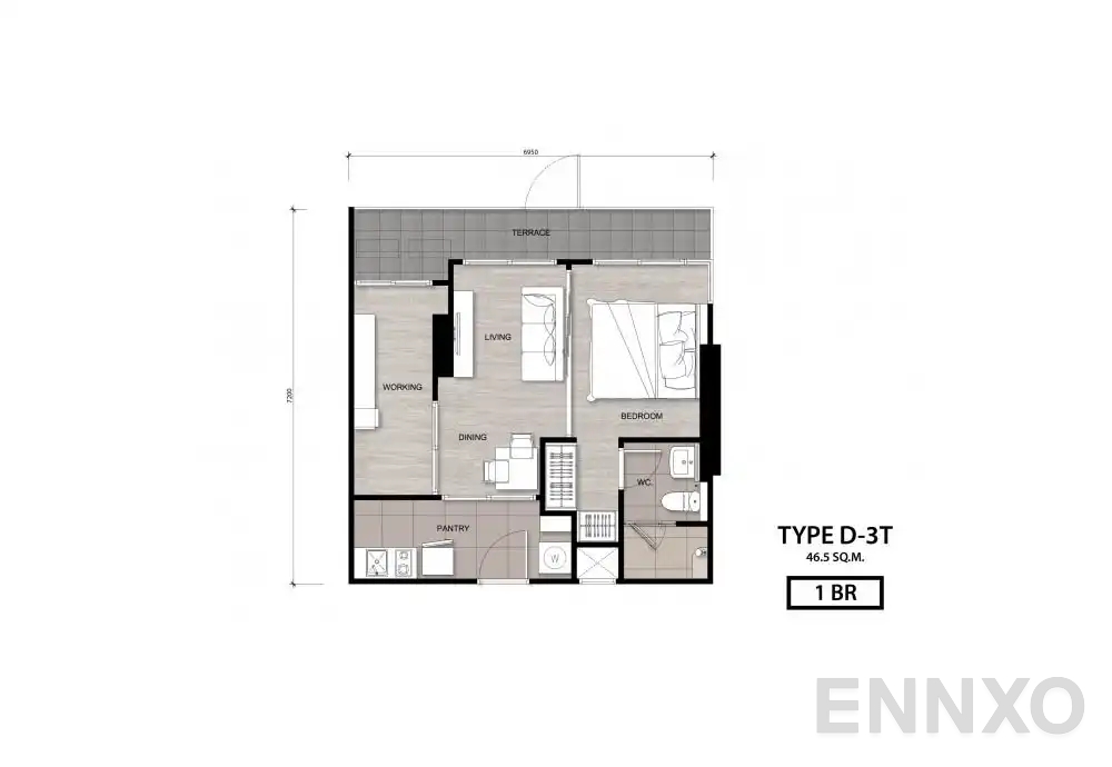 รูปแปลนห้อง Type D-3T ของโครงการ นิช โมโน เจริญนคร