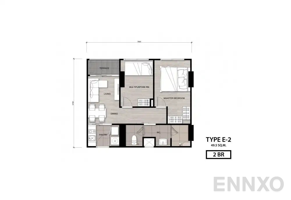 รูปแปลนห้อง Type E-2 ของโครงการ นิช โมโน เจริญนคร