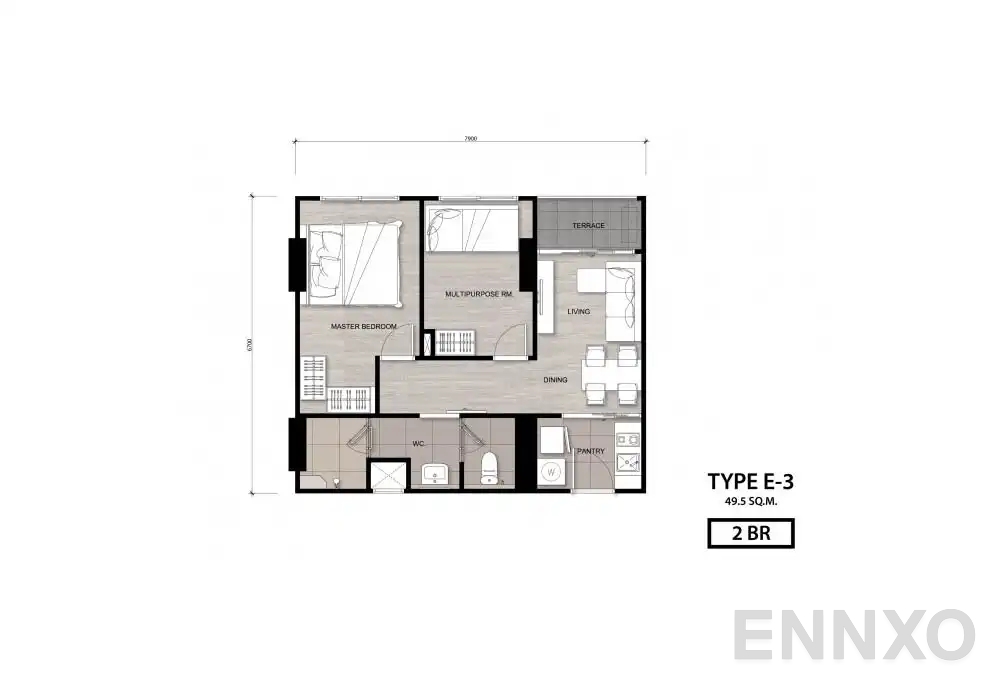 รูปแปลนห้อง Type E-3 ของโครงการ นิช โมโน เจริญนคร