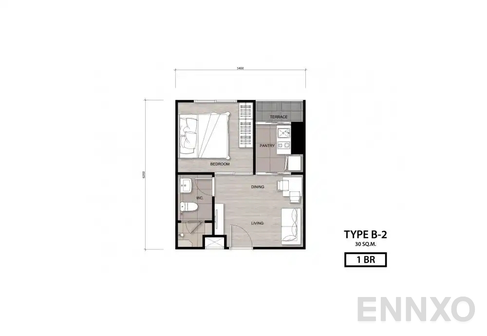 รูปแปลนห้อง Type B-2 ของโครงการ นิช โมโน เจริญนคร