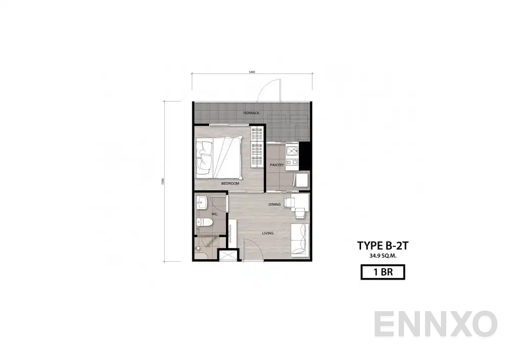 รูปแปลนห้อง Type B-2T ของโครงการ นิช โมโน เจริญนคร