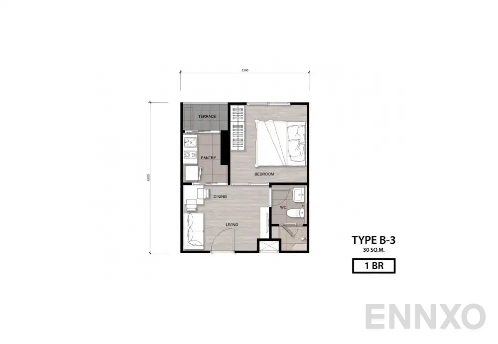 รูปแปลนห้อง Type B-3 ของโครงการ นิช โมโน เจริญนคร