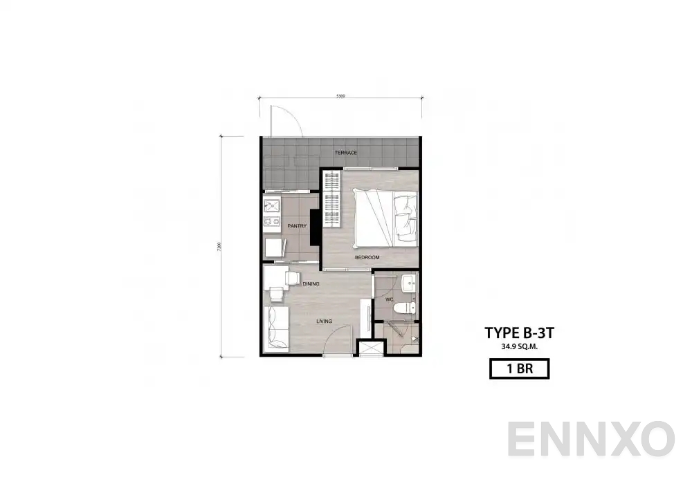 รูปแปลนห้อง Type B-3T ของโครงการ นิช โมโน เจริญนคร