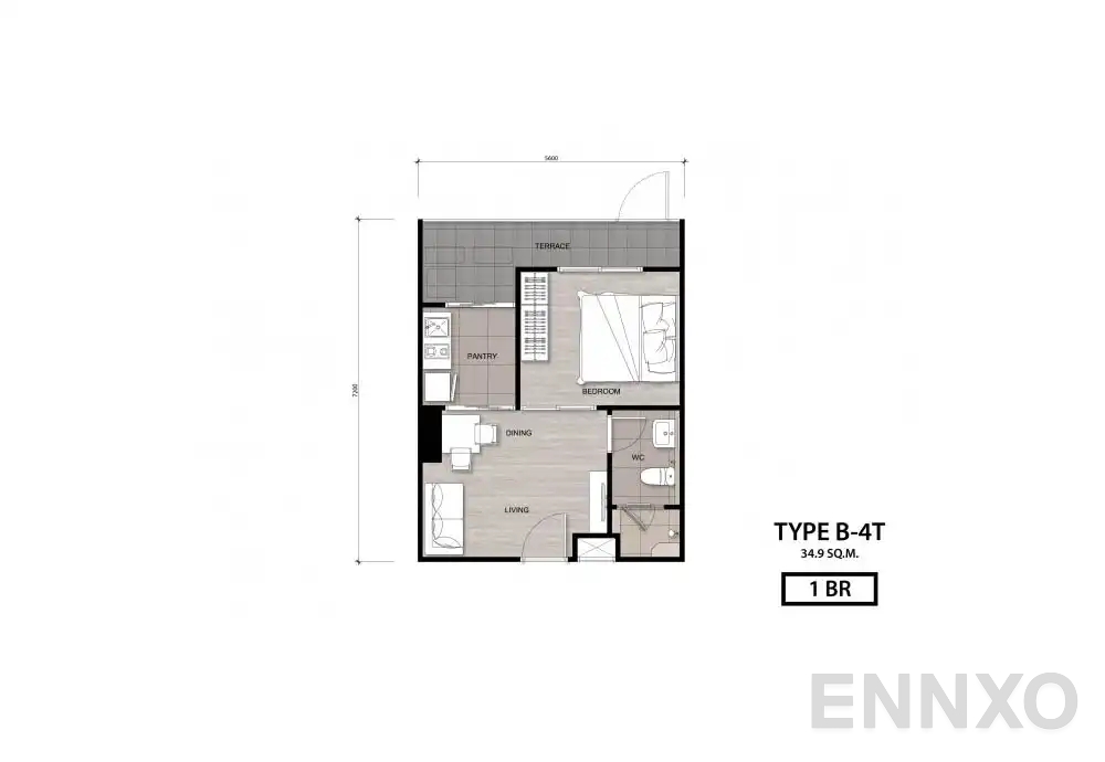 รูปแปลนห้อง Type B-4T ของโครงการ นิช โมโน เจริญนคร