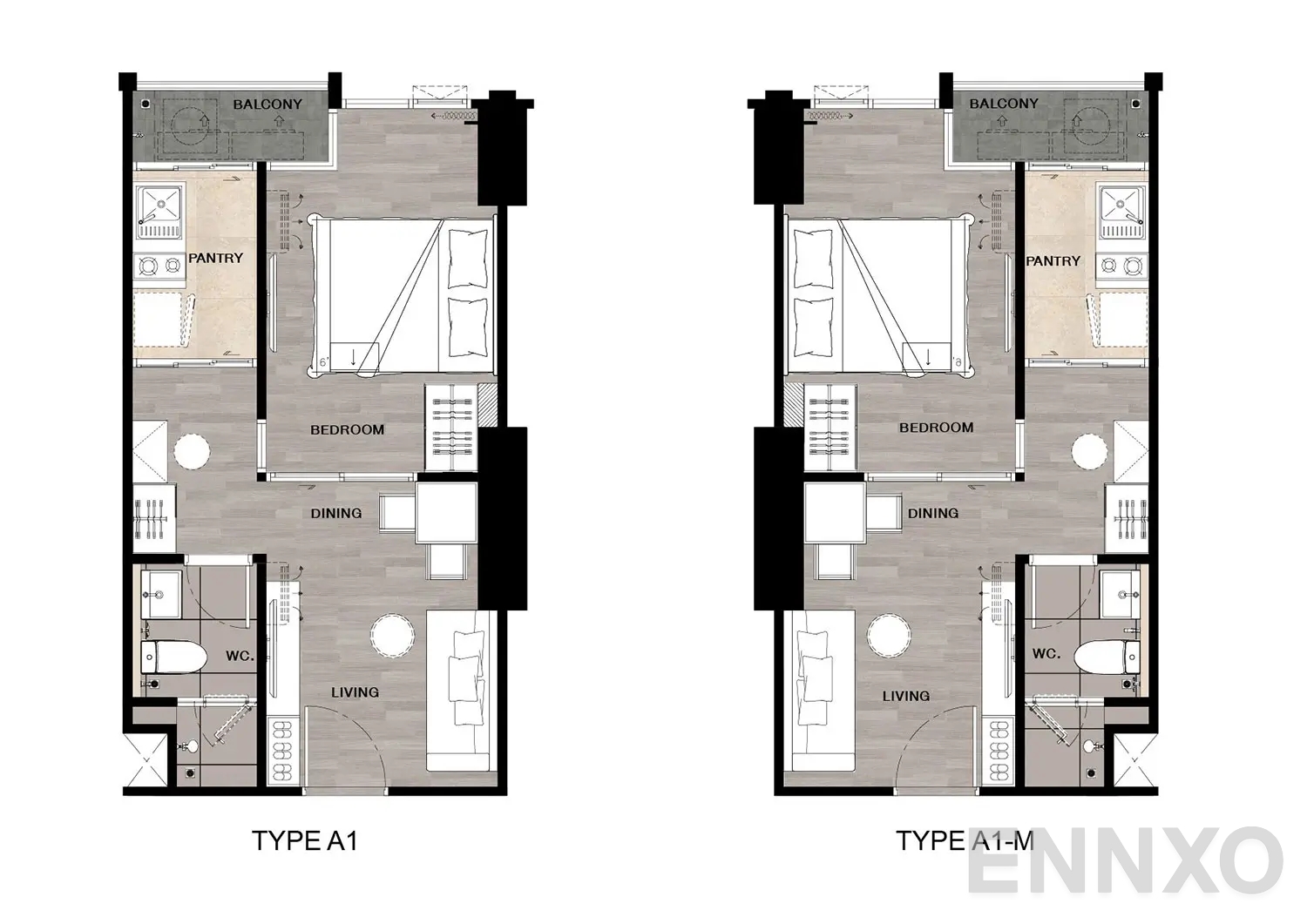 รูปแปลนห้อง Type A, A1-M : 1-Bedroom ของโครงการ นิช โมโน เมกะ สเปซ บางนา