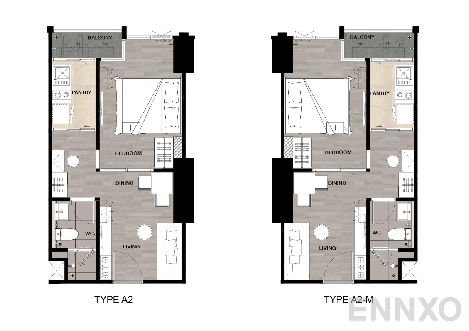 รูปแปลนห้อง Type A2, A2-M : 1-Bedroom ของโครงการ นิช โมโน เมกะ สเปซ บางนา