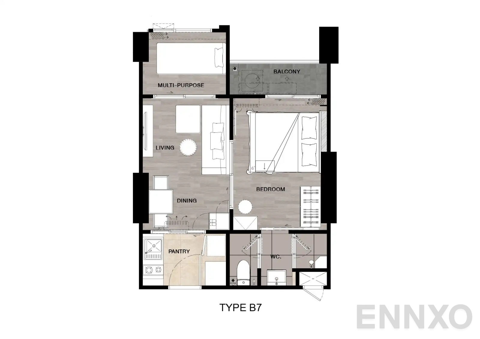 รูปแปลนห้อง Type B7 : 1-Bedroom Plus ของโครงการ นิช โมโน เมกะ สเปซ บางนา