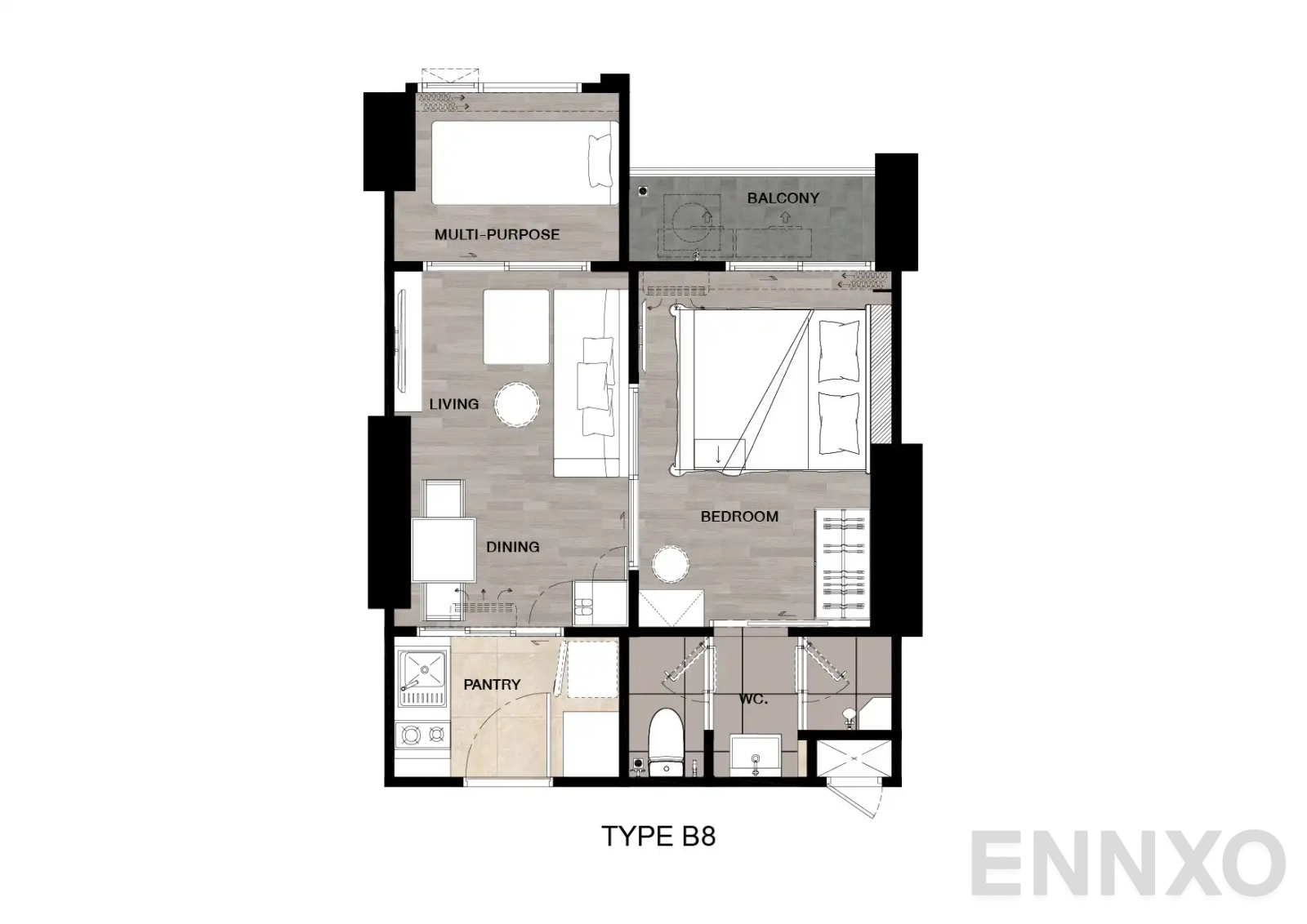 รูปแปลนห้อง Type B8 : 1-Bedroom Plus ของโครงการ นิช โมโน เมกะ สเปซ บางนา