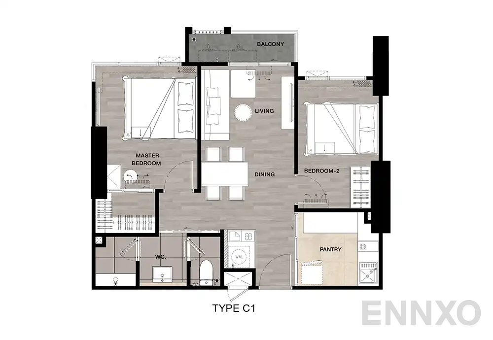 รูปแปลนห้อง Type C1 : 2-Bedroom ของโครงการ นิช โมโน เมกะ สเปซ บางนา
