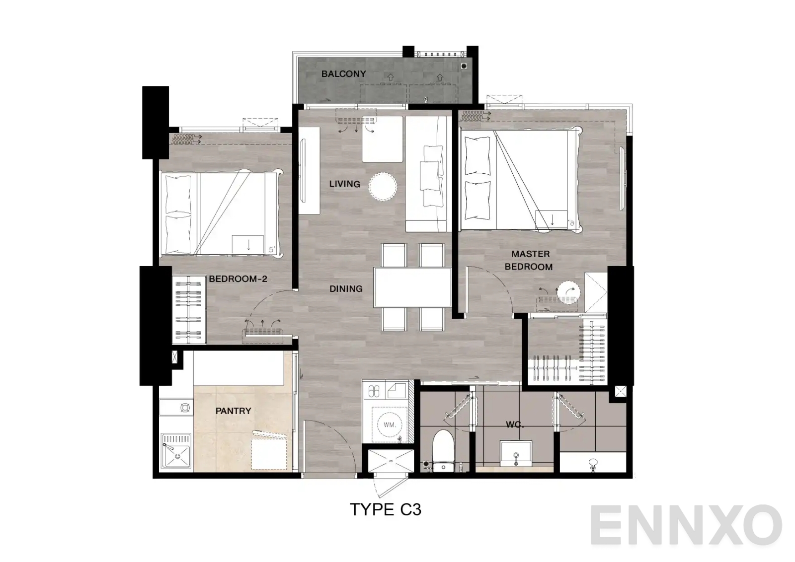 รูปแปลนห้อง Type C3 : 2-Bedroom ของโครงการ นิช โมโน เมกะ สเปซ บางนา