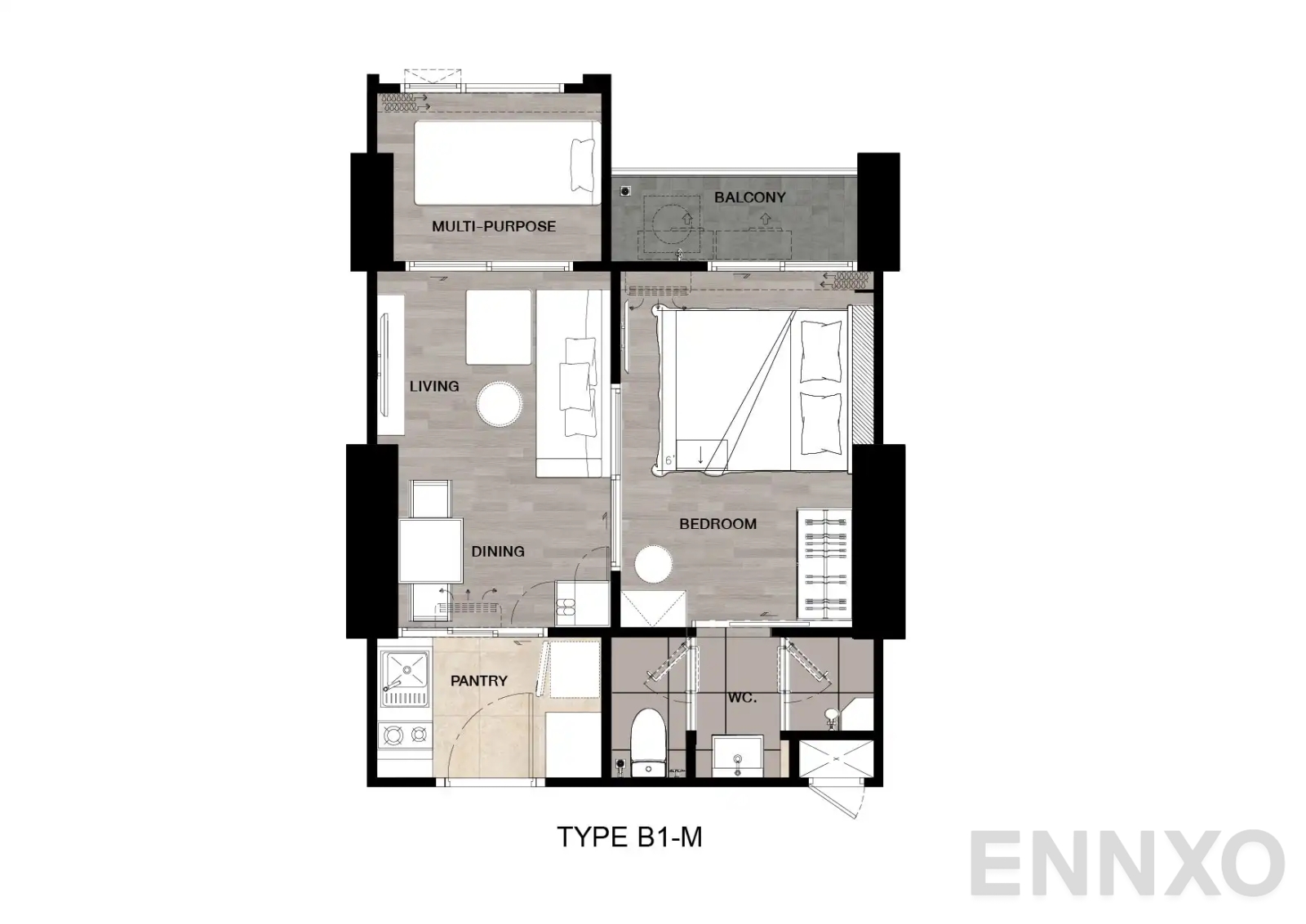 รูปแปลนห้อง Type B1-M : 1-Bedroom Plus ของโครงการ นิช โมโน เมกะ สเปซ บางนา