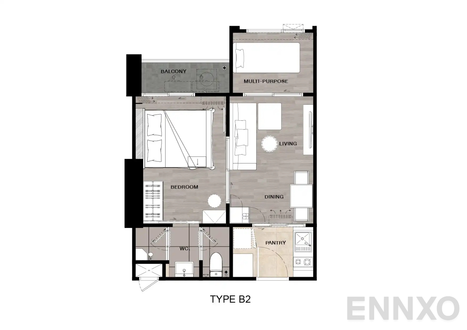 รูปแปลนห้อง Type B2 : 1-Bedroom Plus ของโครงการ นิช โมโน เมกะ สเปซ บางนา