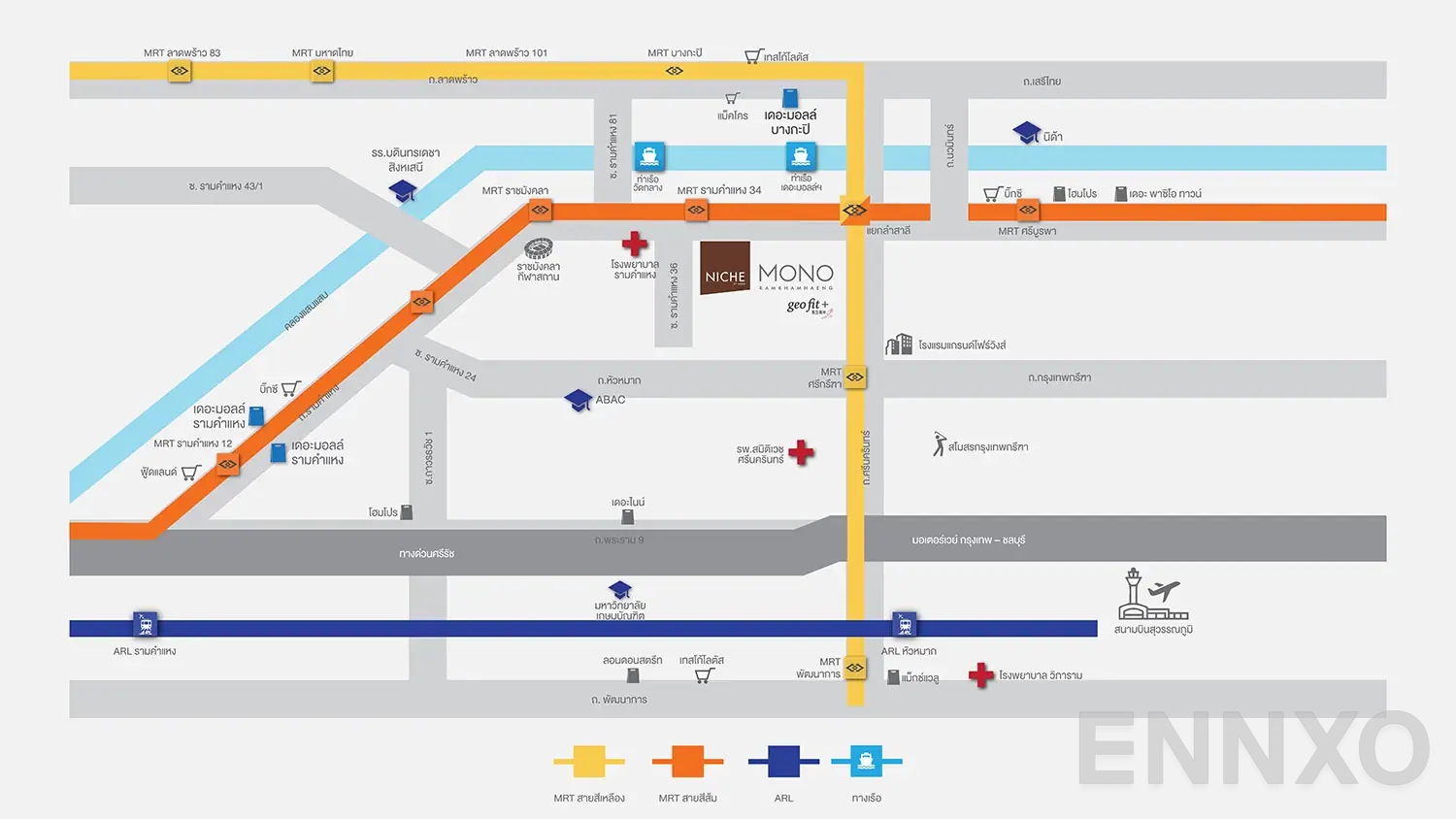ภาพแผนที่แสดงที่ตั้งโครงการ Niche Mono Ramkhamhaeng และสถานที่โดยรอบ