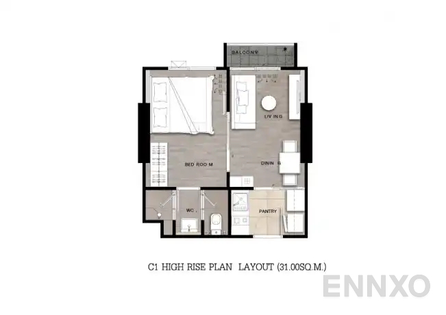 รูปแปลนห้อง Type C1 : 1-Bedroom ของโครงการ Niche Mono Ramkhamhaeng