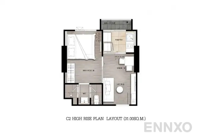 รูปแปลนห้อง Type C2 : 1-Bedroom ของโครงการ Niche Mono Ramkhamhaeng