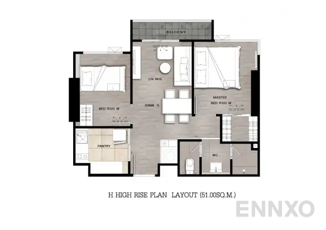 รูปแปลนห้อง Type H : 2-Bedroom ของโครงการ Niche Mono Ramkhamhaeng