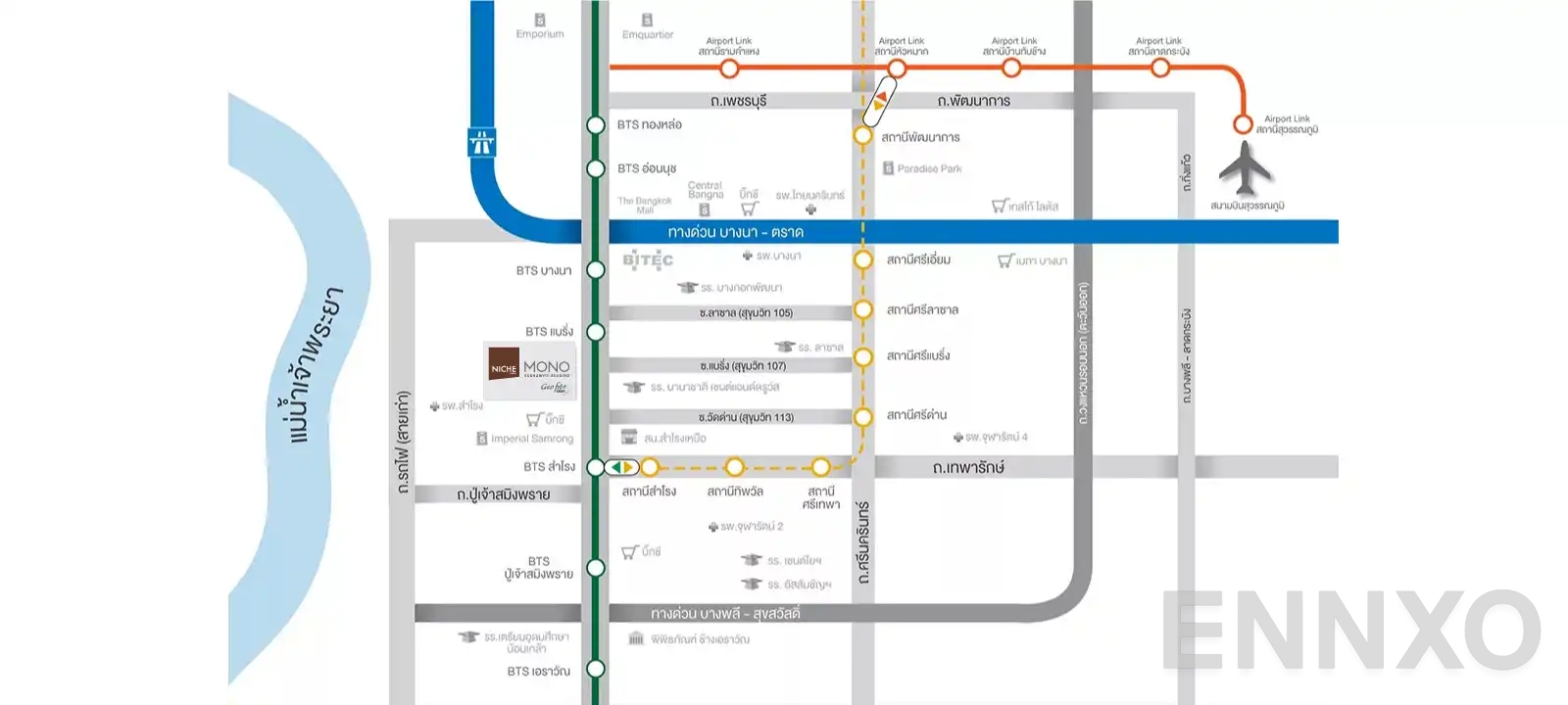 ภาพแผนที่แสดงที่ตั้งโครงการ Niche Mono Sukhumvit - Bearing และสถานที่โดยรอบ