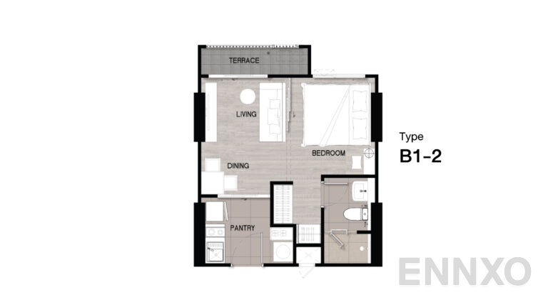 รูปแปลนห้อง Type B1-2 ของโครงการ Niche Mono Sukhumvit - Bearing