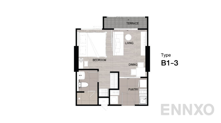 รูปแปลนห้อง Type B1-3 ของโครงการ Niche Mono Sukhumvit - Bearing