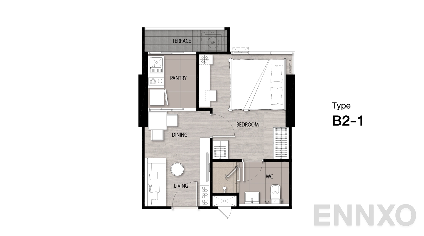 รูปแปลนห้อง Type B2-1 ของโครงการ Niche Mono Sukhumvit - Bearing