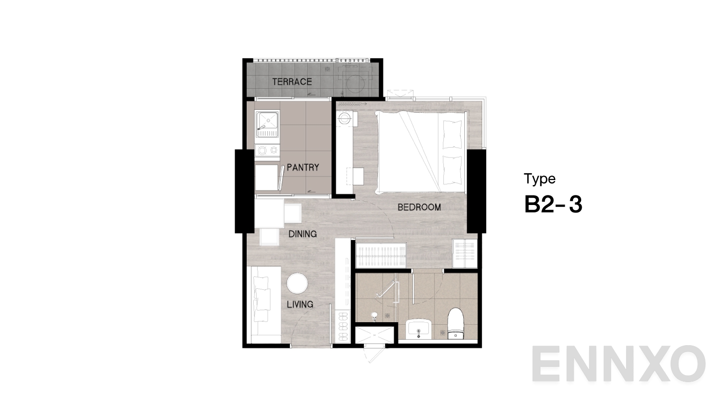 รูปแปลนห้อง Type B2-3 ของโครงการ Niche Mono Sukhumvit - Bearing