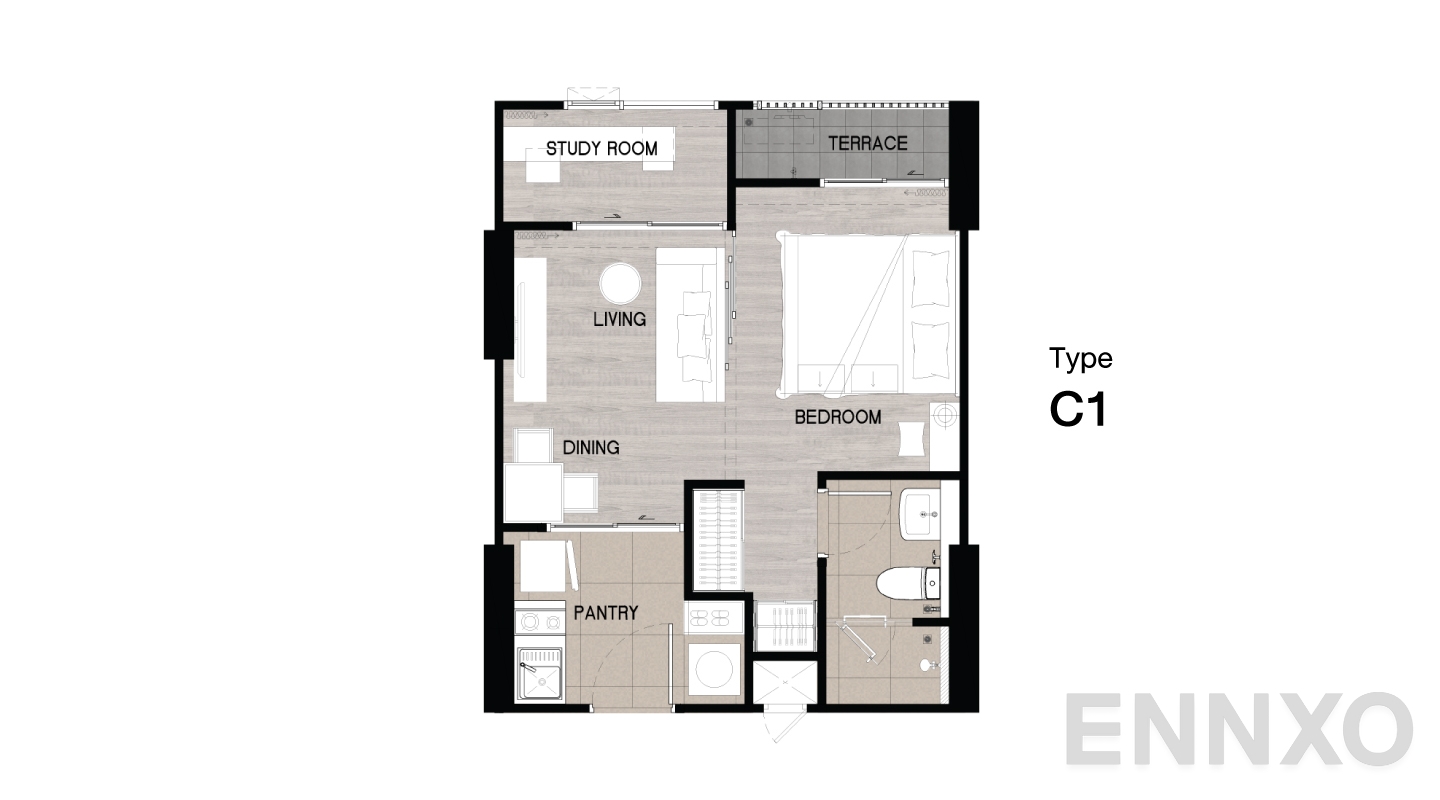 รูปแปลนห้อง Type C1 ของโครงการ Niche Mono Sukhumvit - Bearing