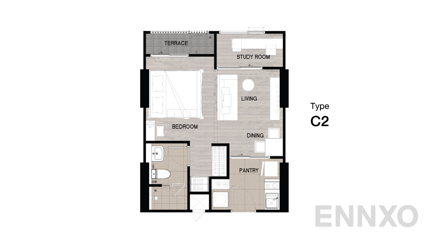 รูปแปลนห้อง Type C2 ของโครงการ Niche Mono Sukhumvit - Bearing
