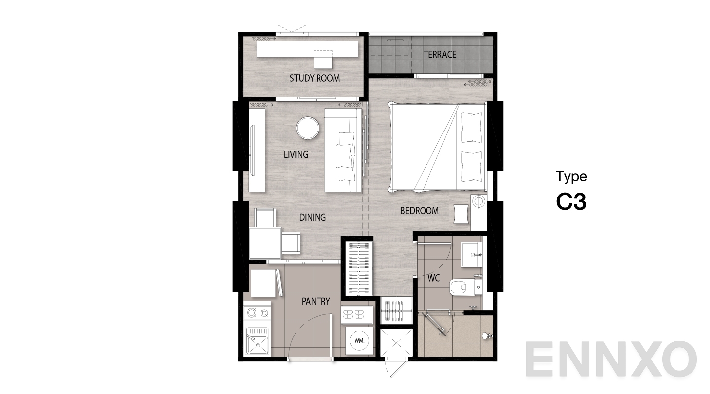 รูปแปลนห้อง Type C3 ของโครงการ Niche Mono Sukhumvit - Bearing